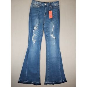 Flamingo High Rise Flare Leg Distressed Denim Blue Jeans Size Large 28x34 NWT